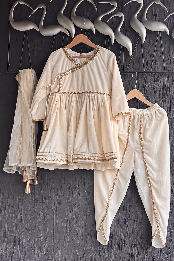 Off-White Velvet Angrakha Kurta Set For Girls by The little tales at Pernia's Pop Up Shop