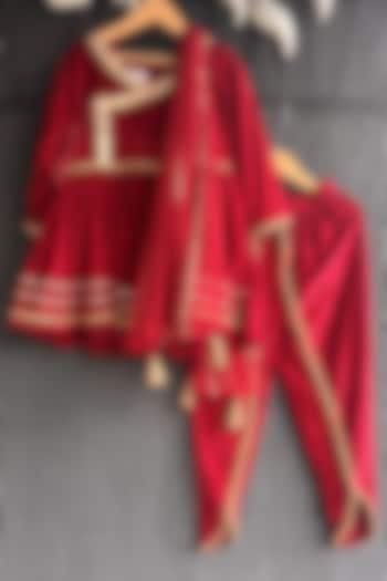Maroon Velvet Angrakha Kurta Set For Girls by The little tales at Pernia's Pop Up Shop