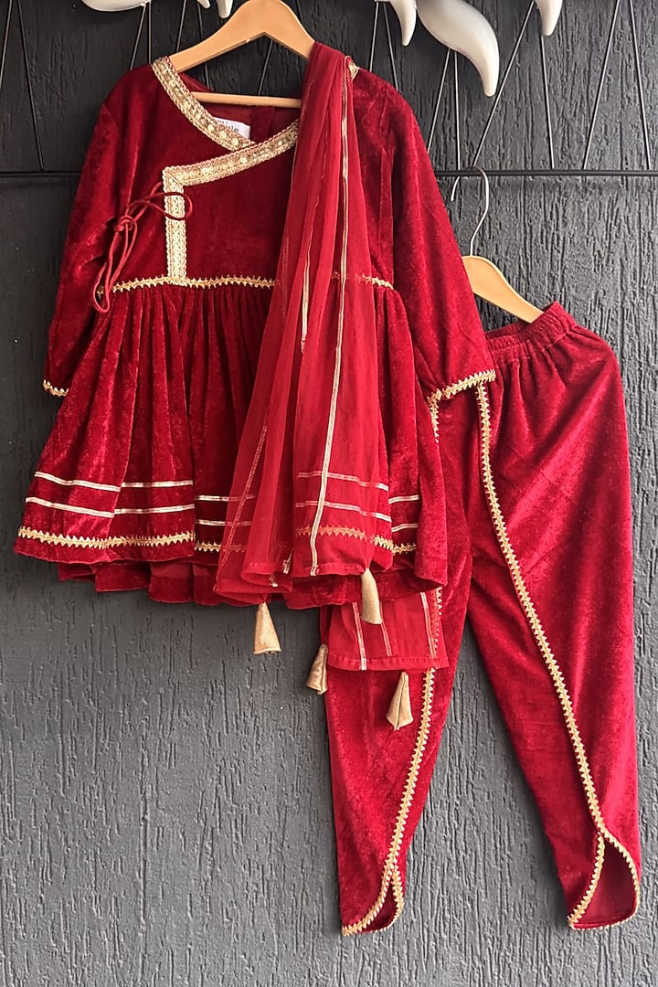 Maroon Velvet Angrakha Kurta Set For Girls by The little tales at Pernia's Pop Up Shop