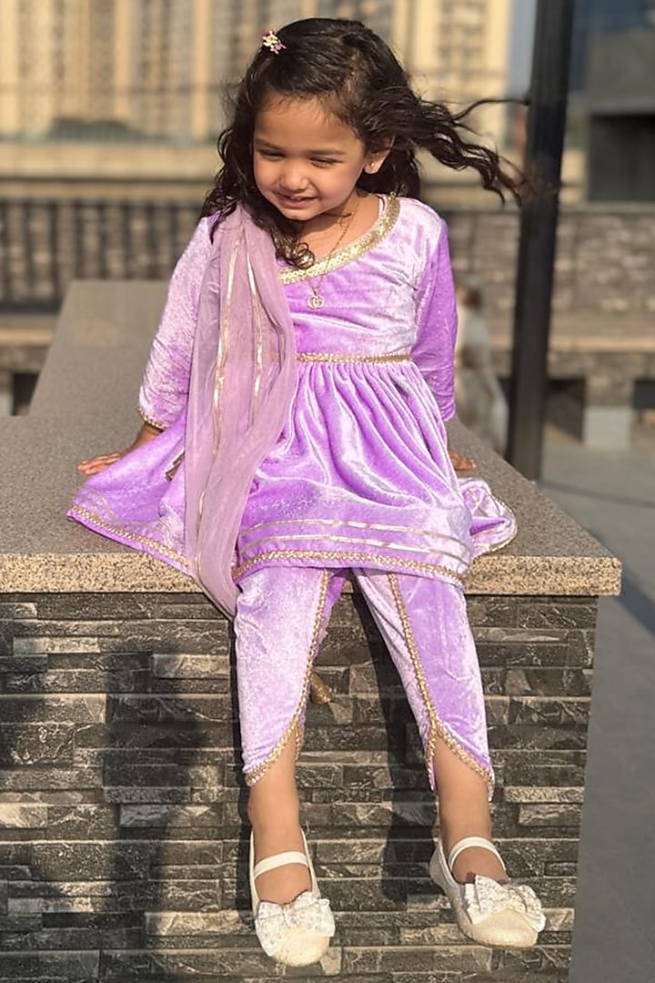 Light Purple Velvet Angrakha Kurta Set For Girls by The little tales at Pernia's Pop Up Shop