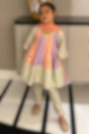 Peach & Purple Cotton Silk Embroidered Anarkali Set For Girls by The little tales at Pernia's Pop Up Shop