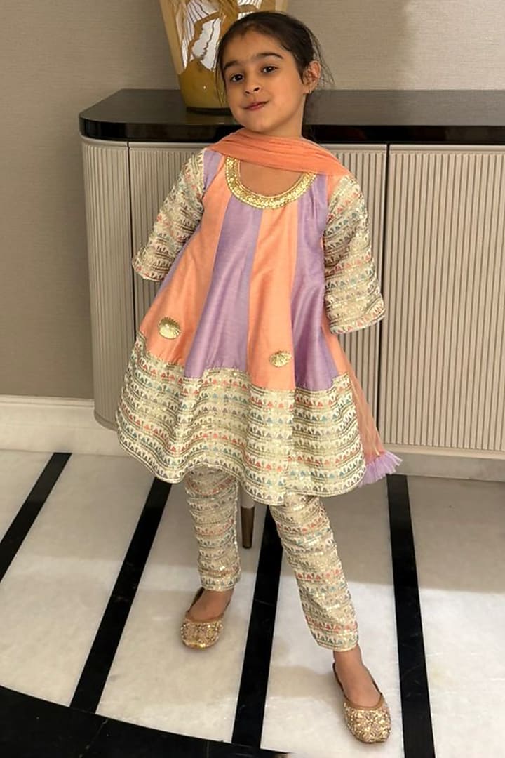 Peach & Purple Cotton Silk Embroidered Anarkali Set For Girls by The little tales at Pernia's Pop Up Shop