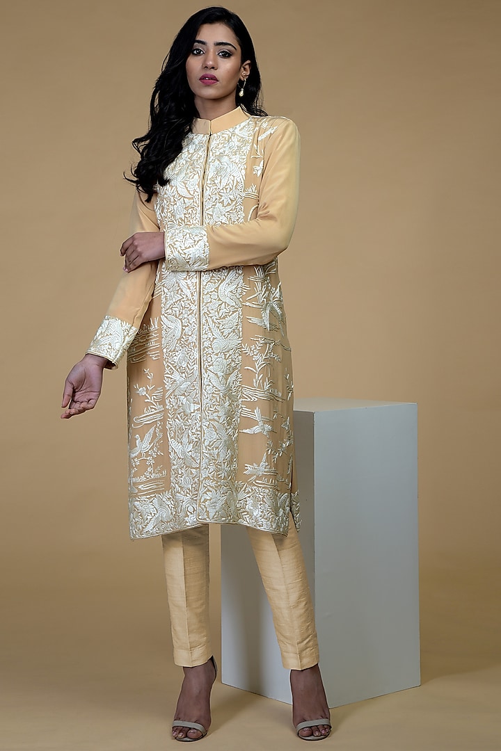 Yellow & White Embroidered Jacket Set by Talking Threads