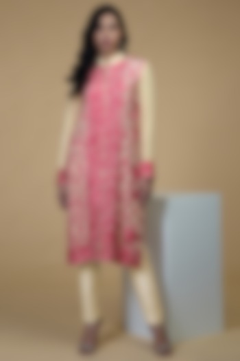 Beige & Pink Embroidered Jacket Set by Talking Threads at Pernia's Pop Up Shop