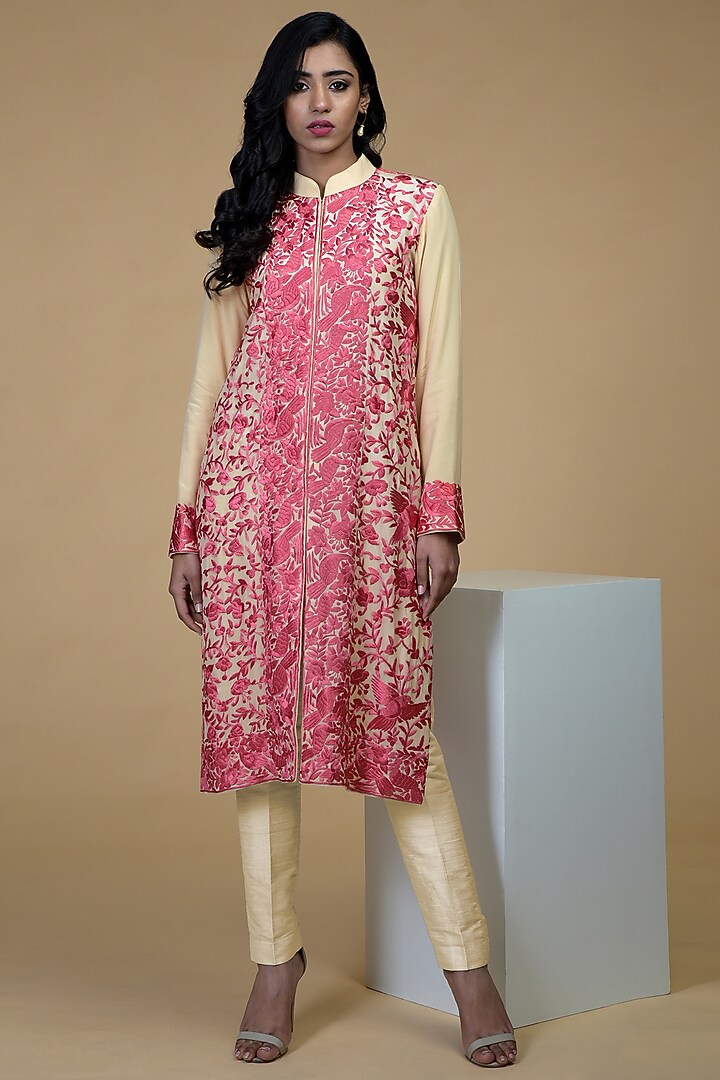 Beige & Pink Embroidered Jacket Set by Talking Threads at Pernia's Pop Up Shop
