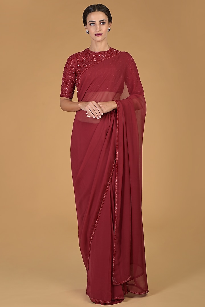Salmon Red Embroidered Saree Set by Talking Threads