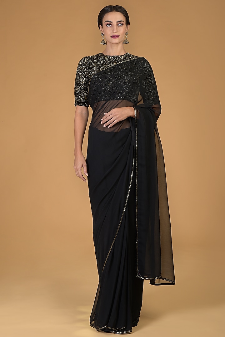Black & Gold Hand Embroidered Saree Set by Talking Threads