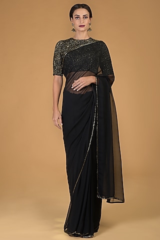 Black & Gold Hand Embroidered Saree Set by Talking Threads