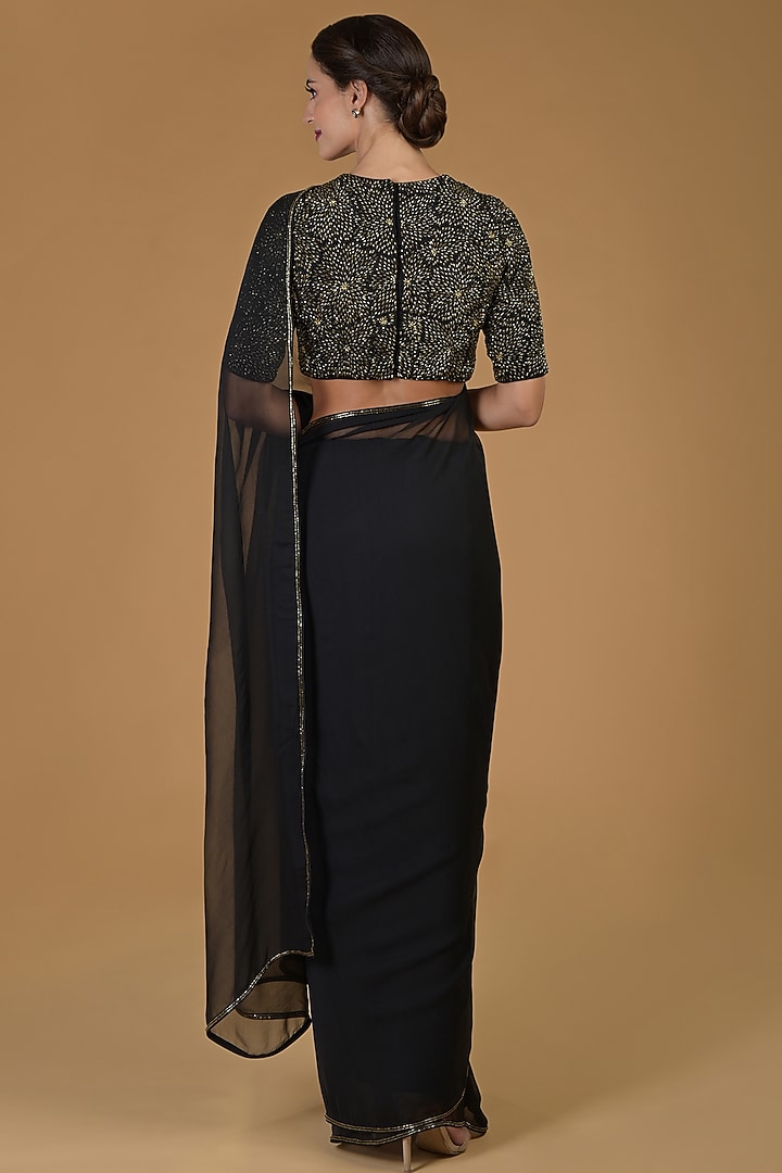 Black & Gold Hand Embroidered Wedding Saree Set by Talking Threads at Pernia's Pop Up Shop