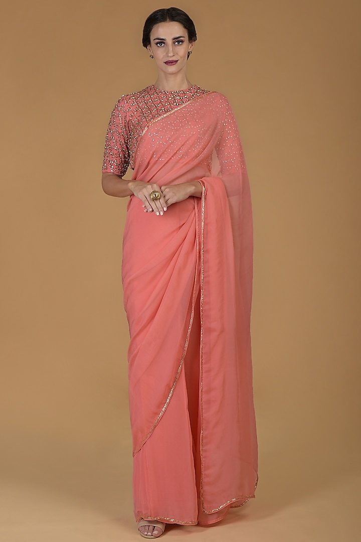 Salmon Red Hand Embroidered Saree Set by Talking Threads