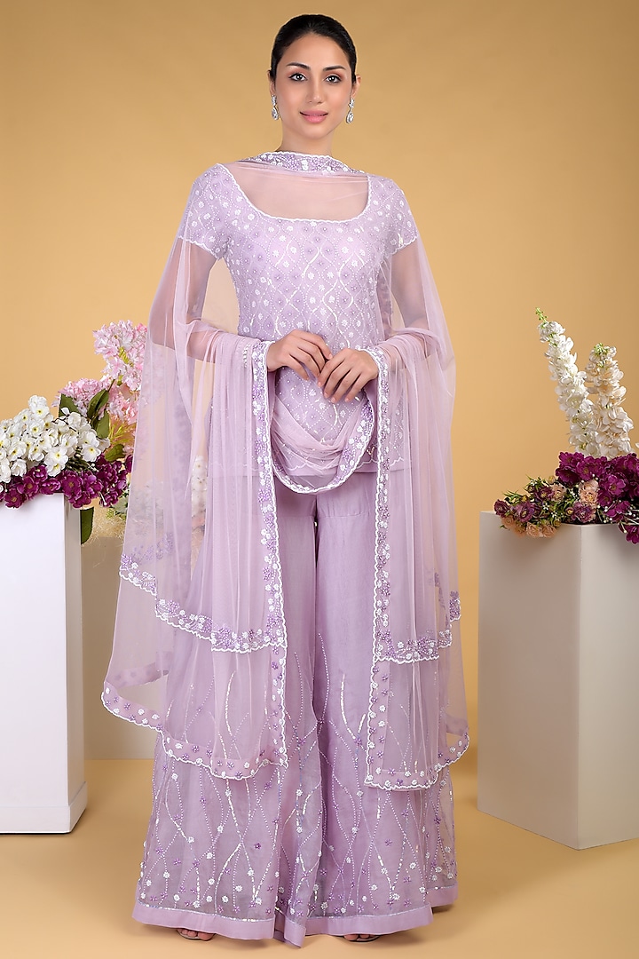 Lilac Hand Embroidered Sharara Set by Talking Threads