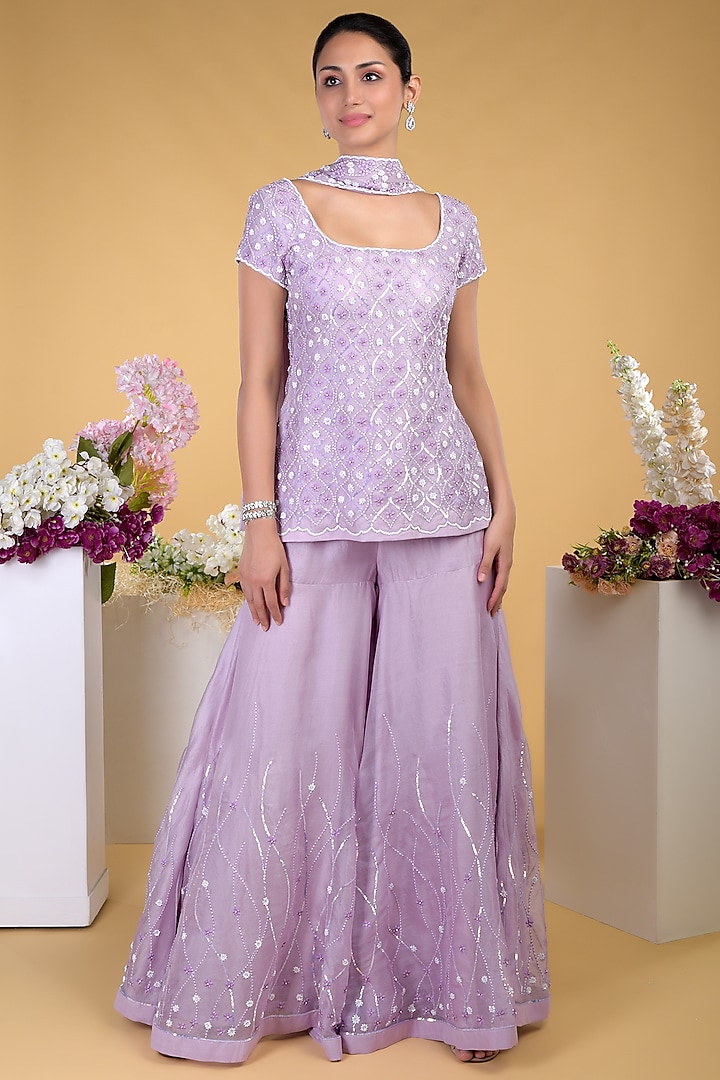 Lilac Hand Embroidered Sharara Set by Talking Threads at Pernia's Pop Up Shop