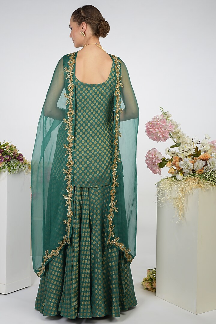 Bottle Green Embroidered Drape Skirt with Ivory Cape set main image 1