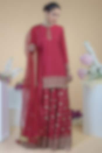 Crimson Hand Embroidered Sharara Set by Talking Threads
