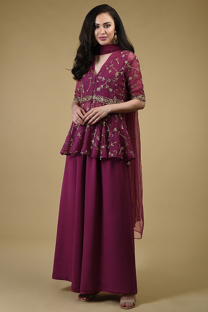 Peacock Pink Hand Embroidered Wedding Sharara Set by Talking Threads at Pernia's Pop Up Shop