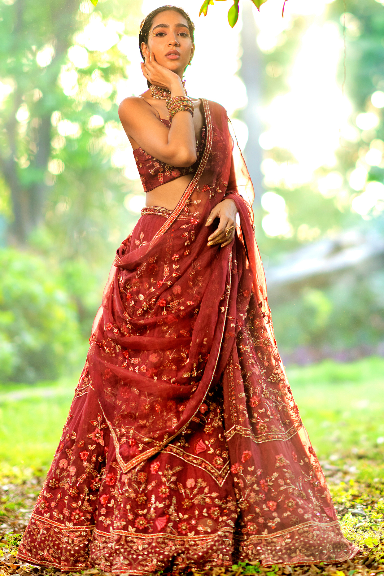 Burgundy Wine Hand Embroidered Lehenga Set by Talking Threads