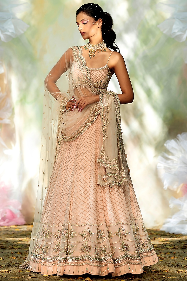 Champagne Pink Embroidered Lehenga Set by Talking Threads