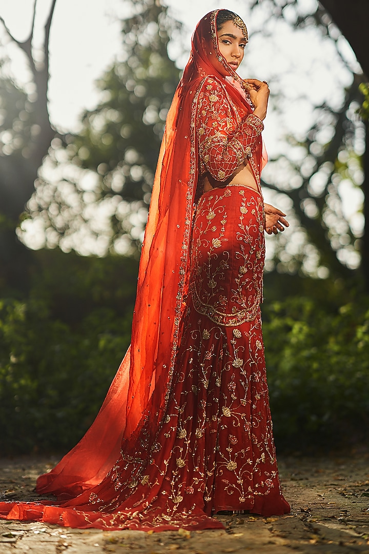 Red Organza Embroidered Lehenga Set by Talking Threads