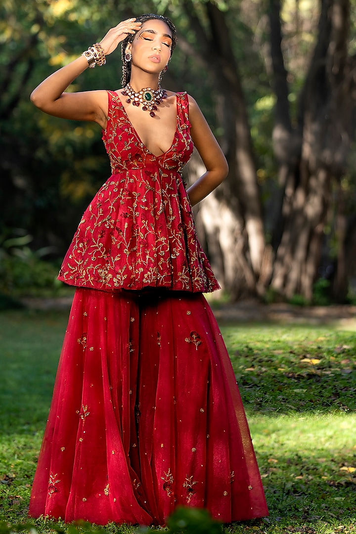 Red Tulle Sharara Set by Talking Threads