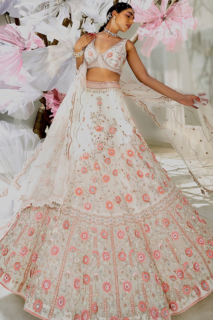 Off-White Hand Embroidered Lehenga Set by Talking Threads