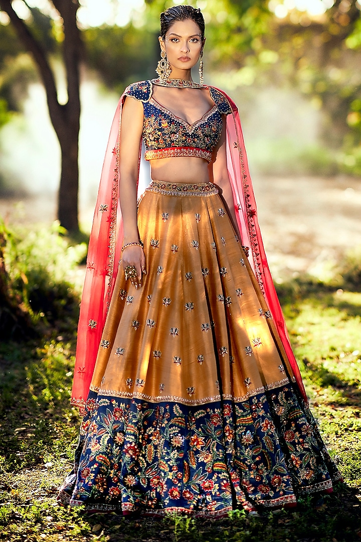 Yellow & Blue Hand Embroidered Lehenga Set by Talking Threads