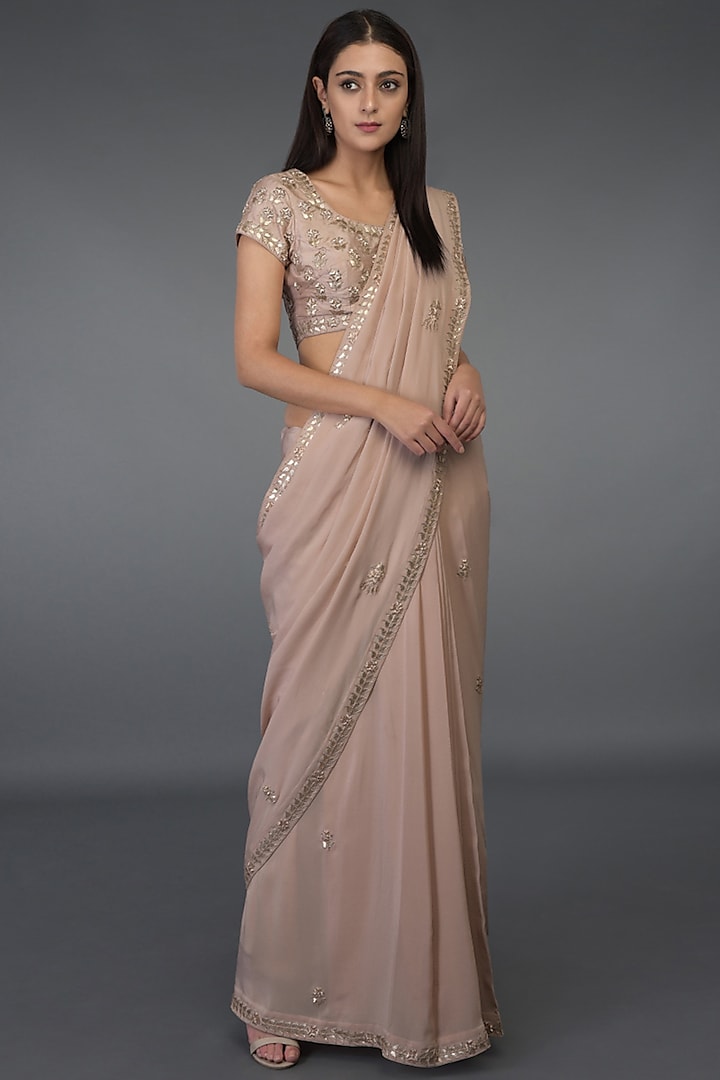 Rose Gold Hand Embroidered Saree Set by Talking Threads