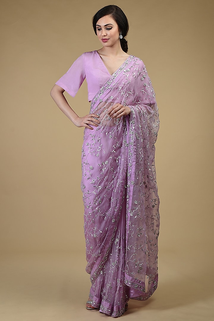 Lilac Hand Embroidered Saree Set by Talking Threads