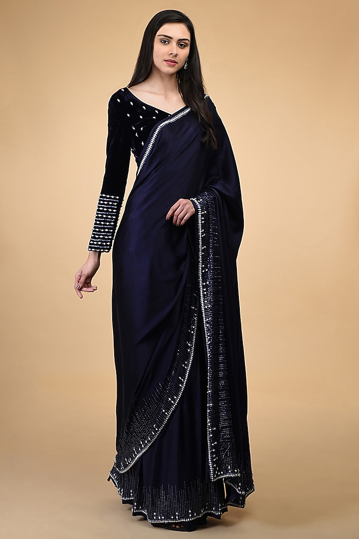 Midnight Blue Hand Embroidered Saree Set by Talking Threads