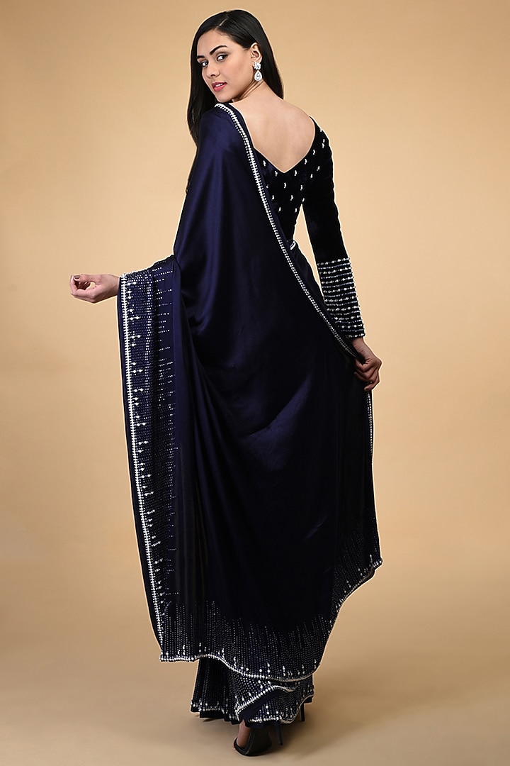 Midnight Blue Hand Embroidered Wedding Saree Set by Talking Threads at Pernia's Pop Up Shop
