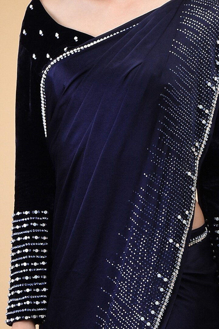 Midnight Blue Hand Embroidered Wedding Saree Set by Talking Threads at Pernia's Pop Up Shop