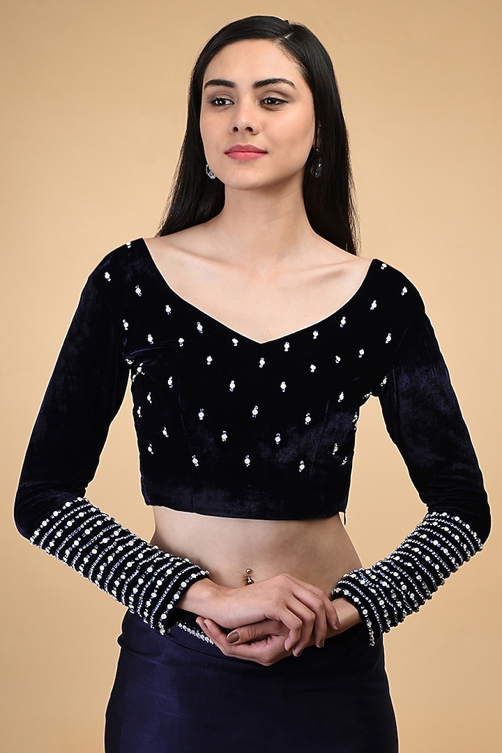 Midnight Blue Hand Embroidered Wedding Saree Set by Talking Threads at Pernia's Pop Up Shop