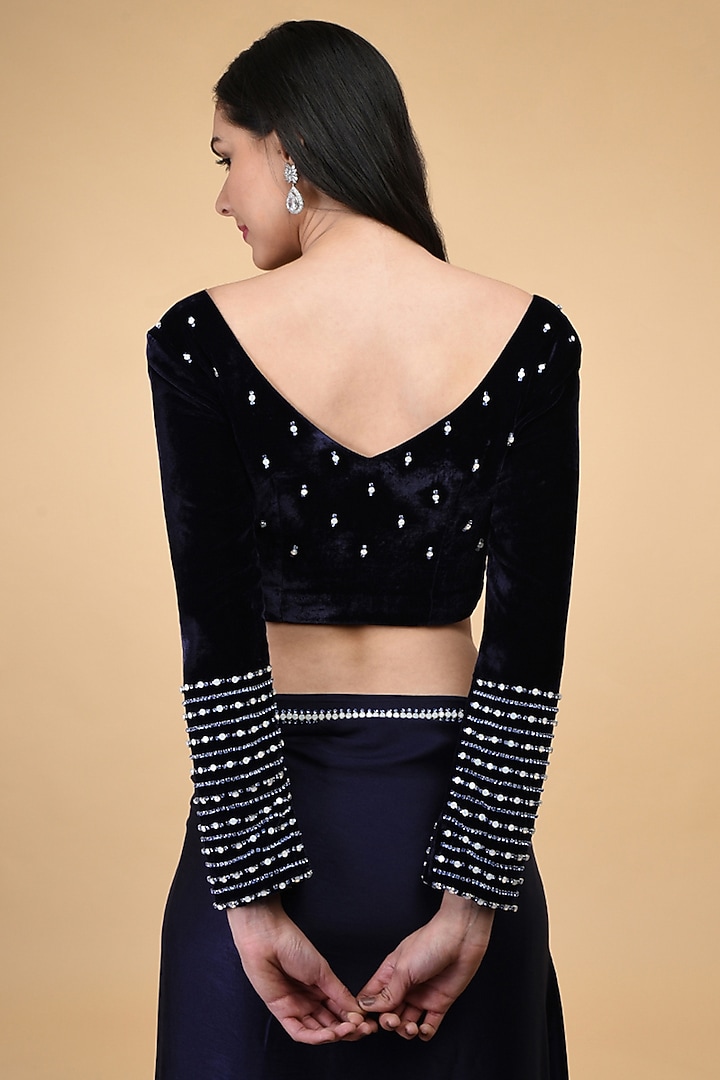 Midnight Blue Hand Embroidered Wedding Saree Set by Talking Threads at Pernia's Pop Up Shop