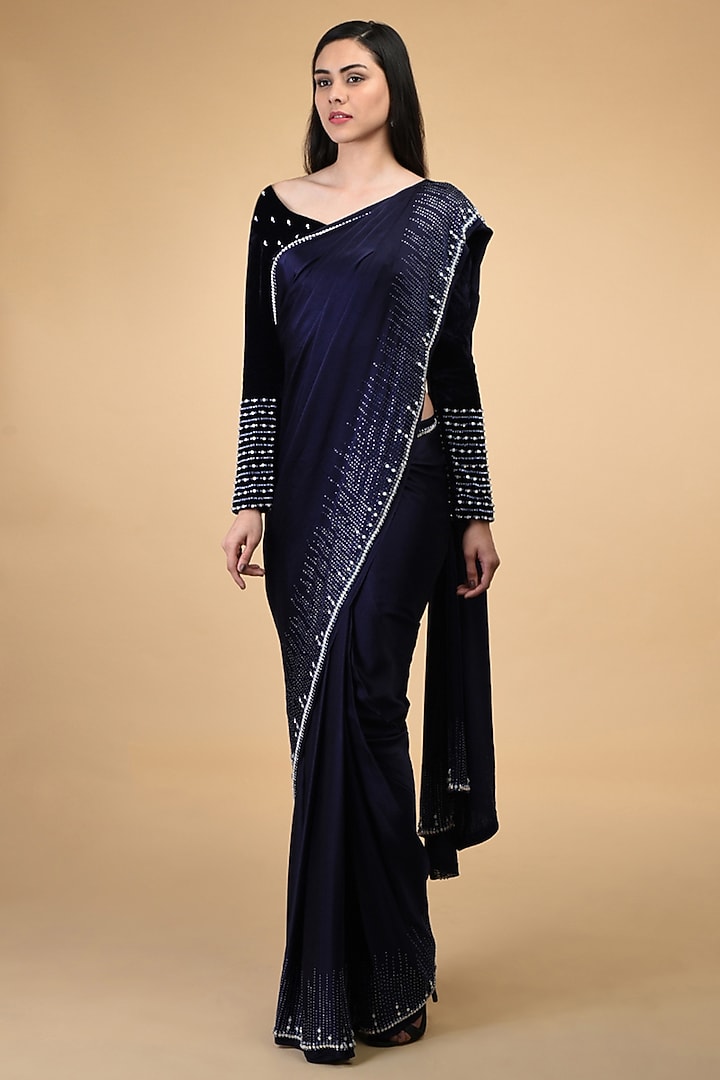 Midnight Blue Hand Embroidered Wedding Saree Set by Talking Threads at Pernia's Pop Up Shop