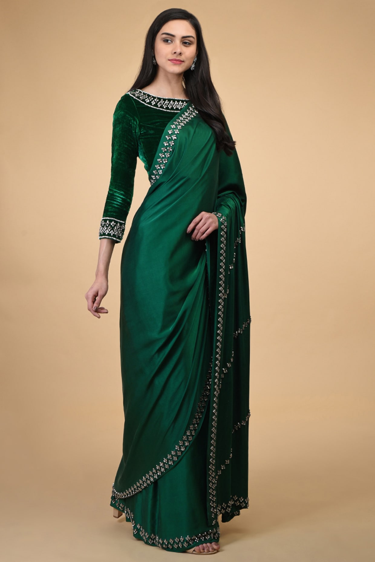 Buy Dark Green Satin Crepe Silk Saree- Embroidery with Digital Sequence  online-Karagiri