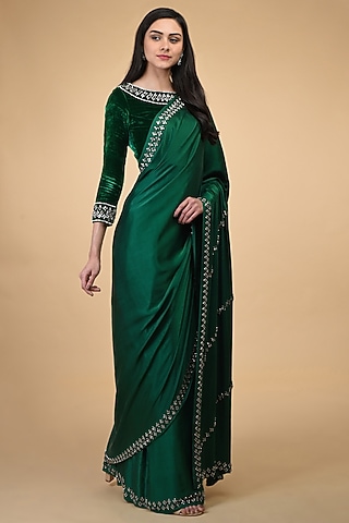 Emerald Green Hand Embroidered Saree Set by Talking Threads