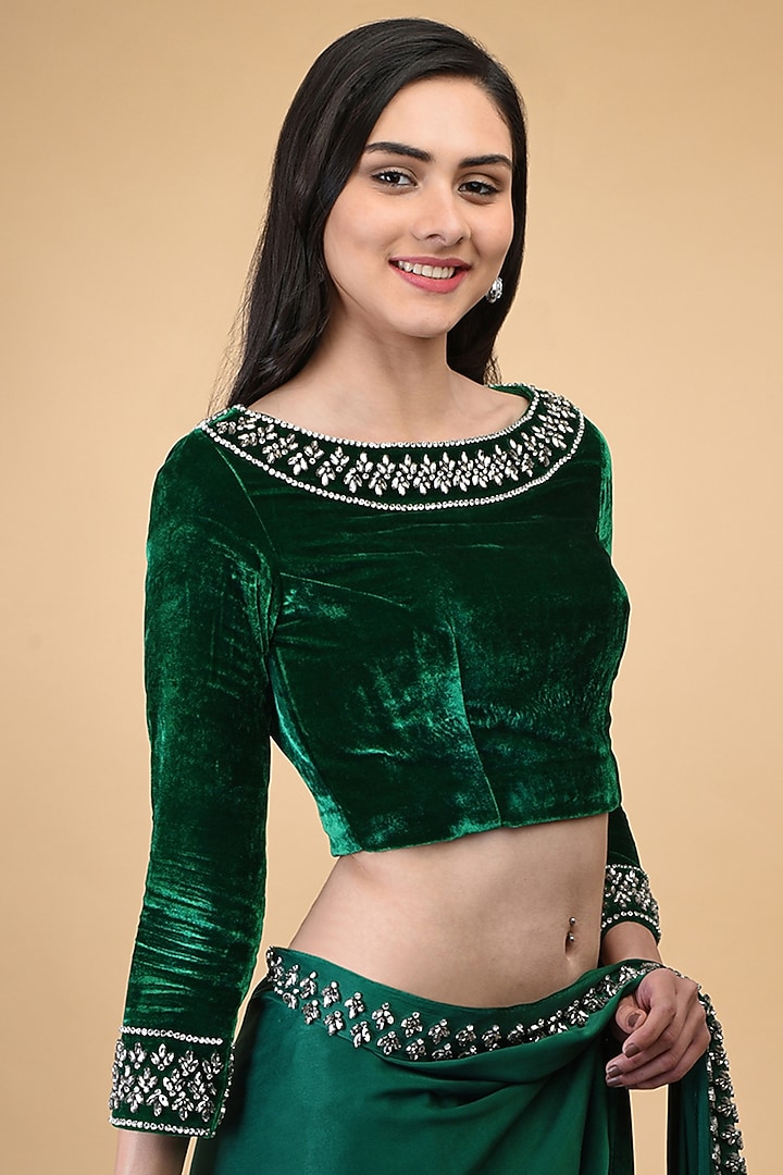 Emerald Green Hand Embroidered Wedding Saree Set by Talking Threads at Pernia's Pop Up Shop
