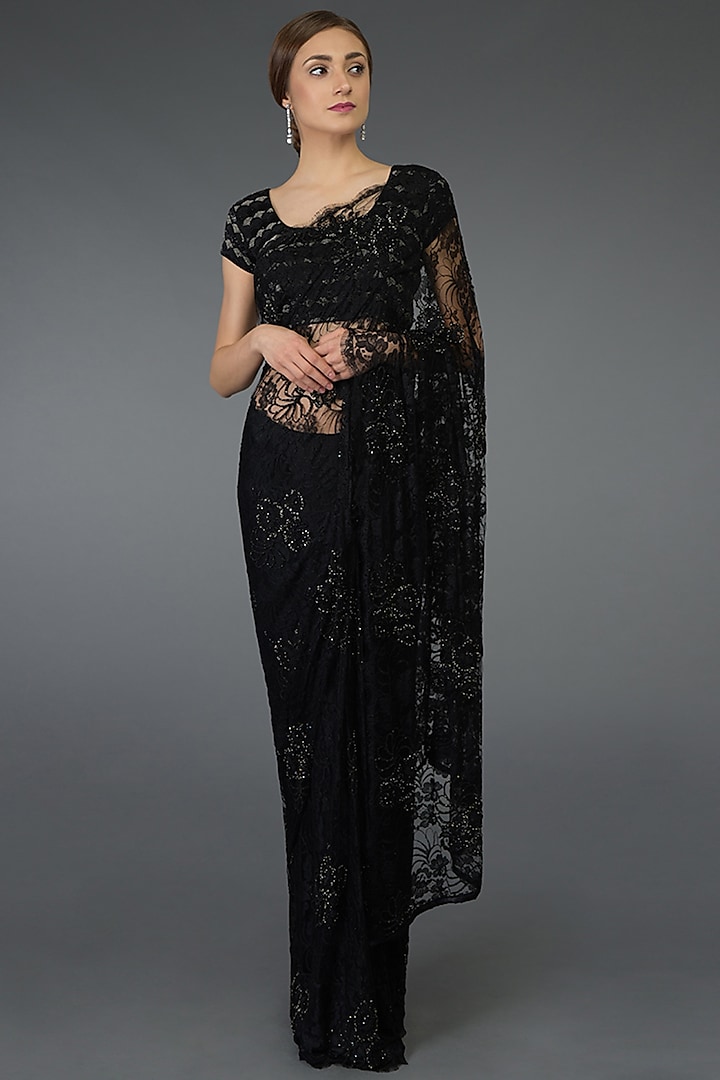 Black Hand Embroidered Reception Saree Set by Talking Threads at Pernia's Pop Up Shop
