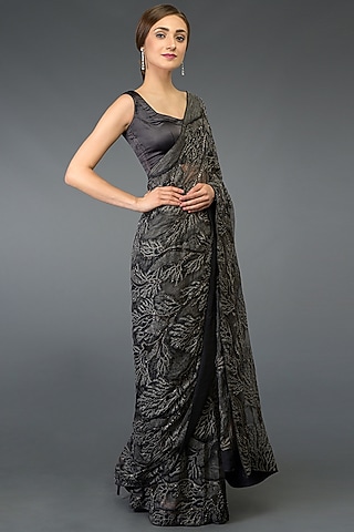 Grey Thread Embroidered Saree Set by Talking Threads