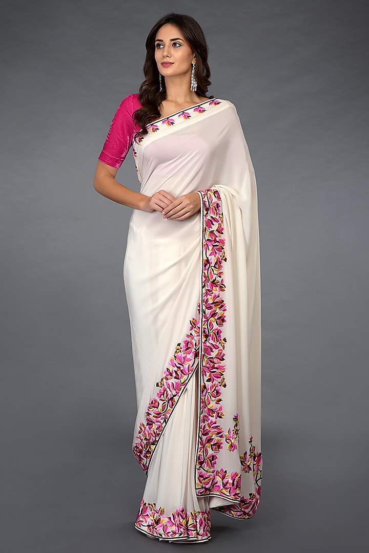 Ivory Hand Embroidered Saree Set by Talking Threads at Pernia's Pop Up Shop