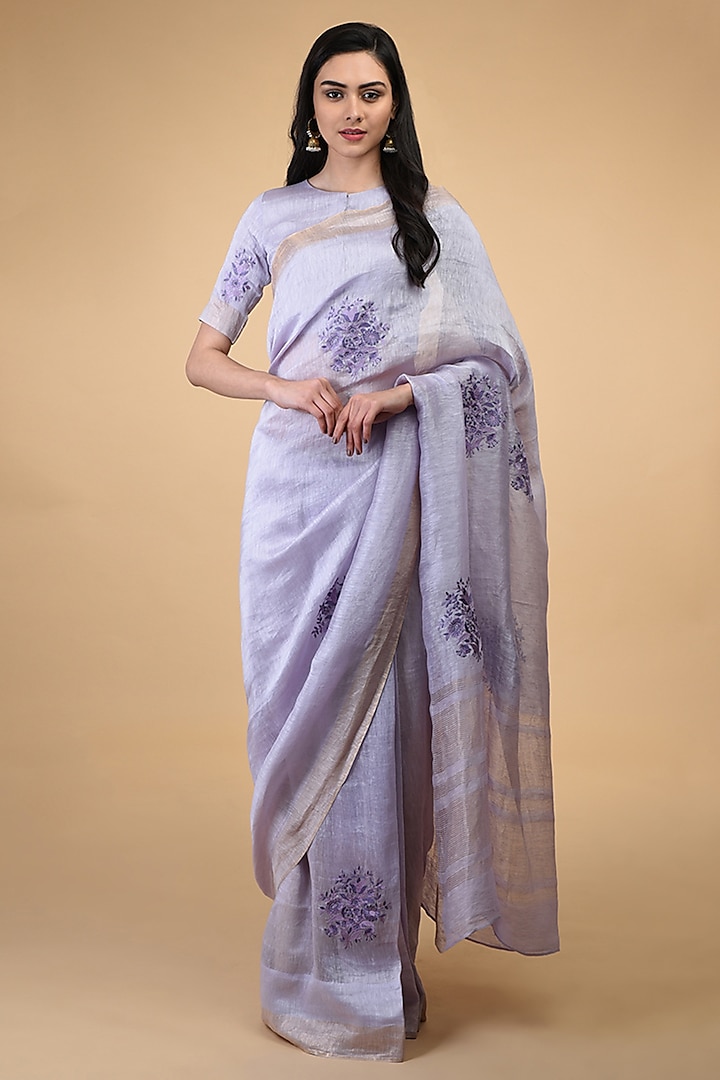 Lilac Floral Embroidered Saree Set by Talking Threads
