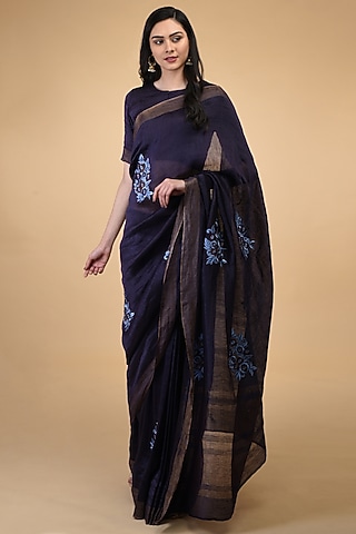 Blue Floral Embroidered Saree Set by Talking Threads