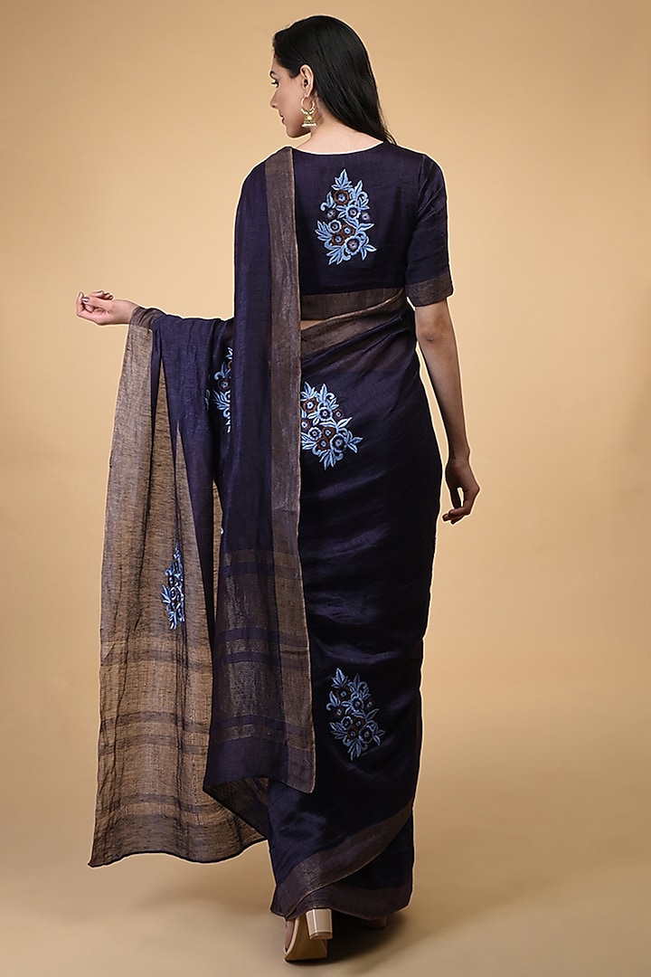 Blue Floral Embroidered Party Wear Saree Set by Talking Threads at Pernia's Pop Up Shop