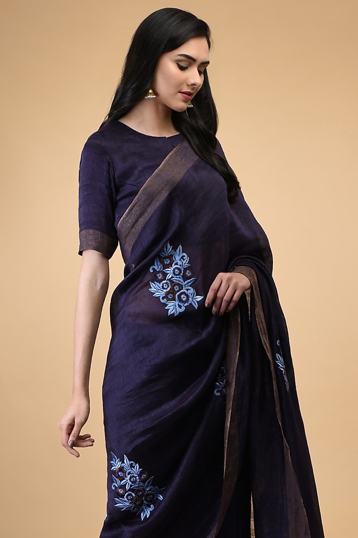 Blue Floral Embroidered Party Wear Saree Set by Talking Threads at Pernia's Pop Up Shop