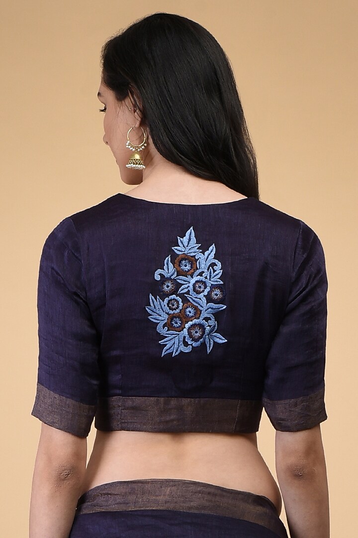 Blue Floral Embroidered Party Wear Saree Set by Talking Threads at Pernia's Pop Up Shop