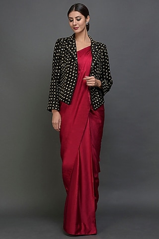 Black & Red Jacket Saree Set by Talking Threads