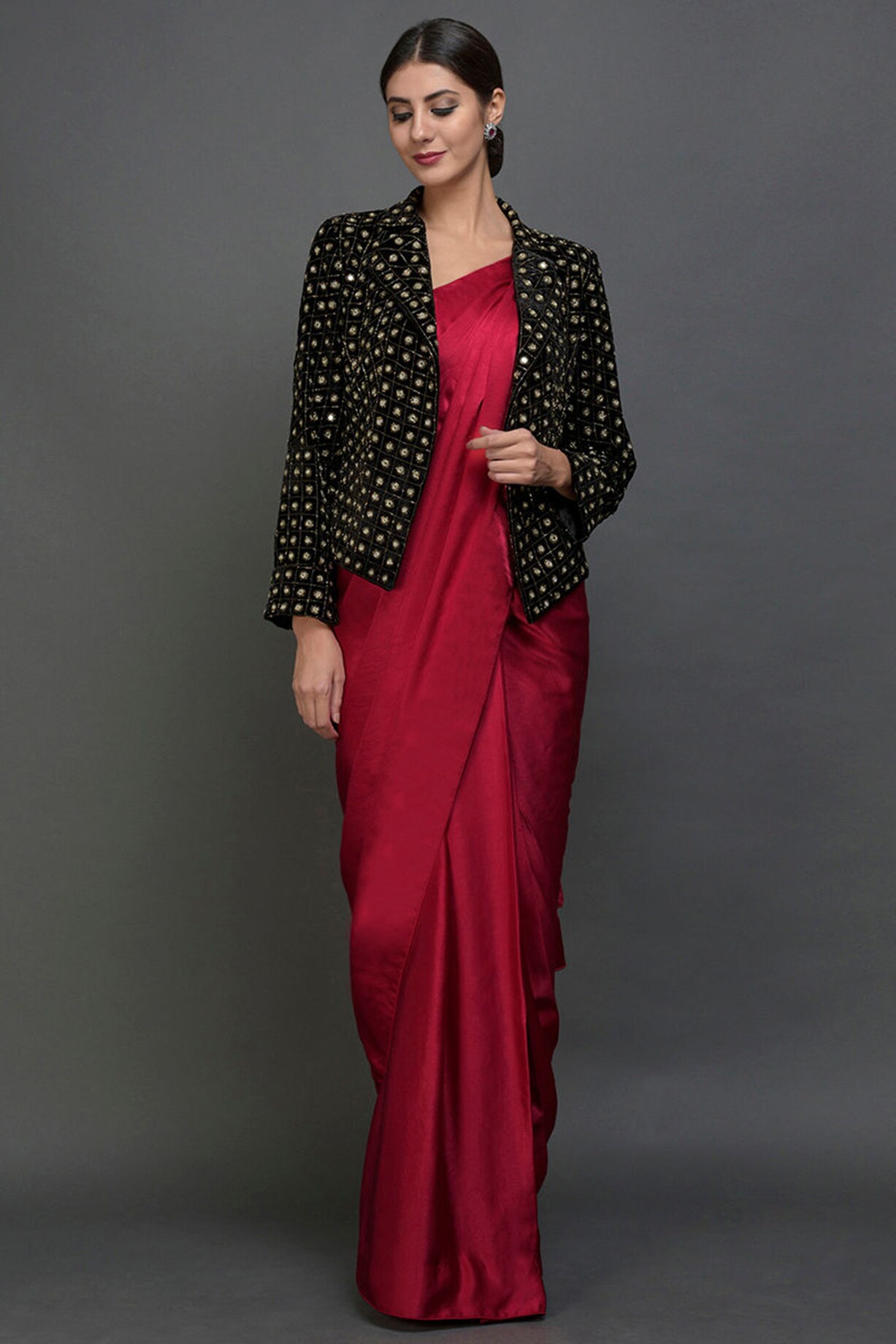 Black & Red Jacket Saree Set by Talking Threads at Pernia's Pop Up Shop 2026