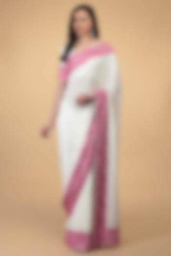 Ivory Floral Embroidered Saree Set by Talking Threads