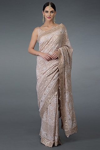 Pink Chikankari Embroidered Saree Set by Talking Threads