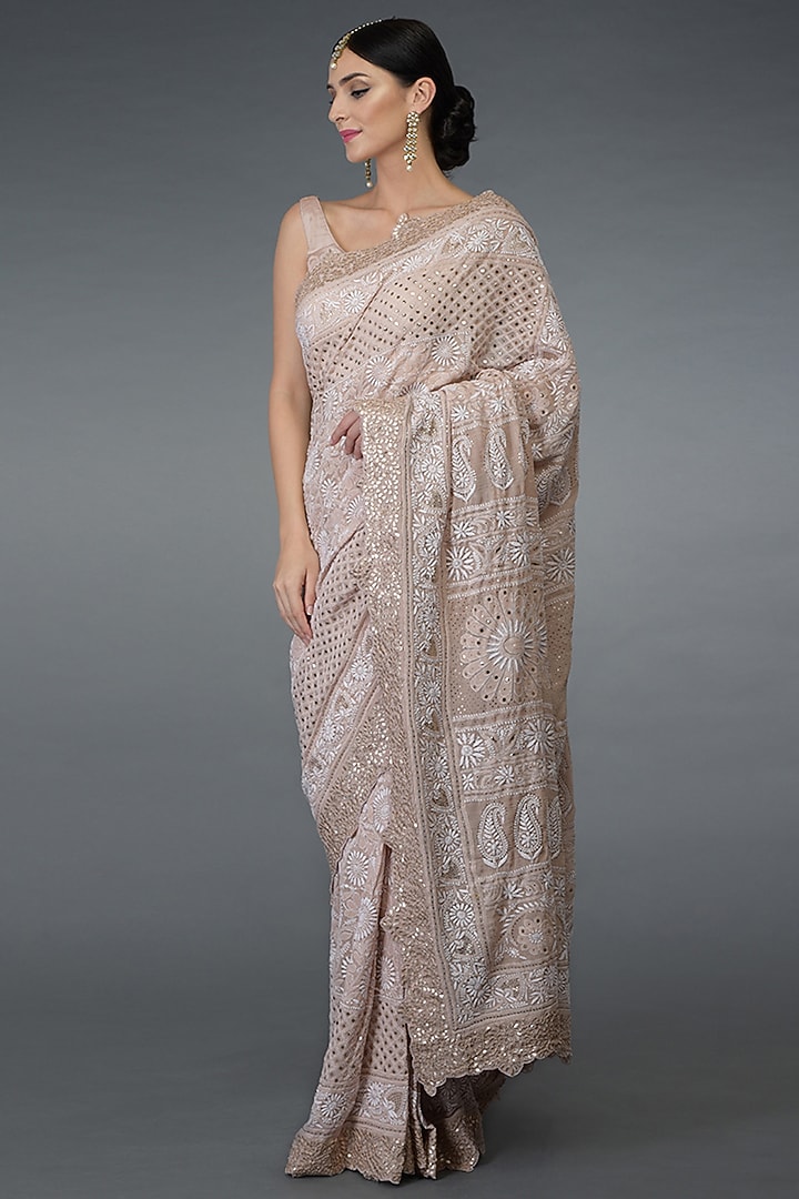 Pink Chikankari Embroidered Bridal Saree Set by Talking Threads at Pernia's Pop Up Shop