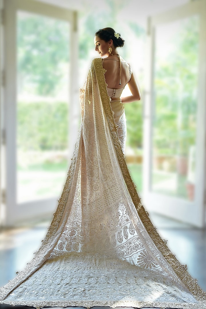 Pink Chikankari Embroidered Bridal Saree Set by Talking Threads at Pernia's Pop Up Shop